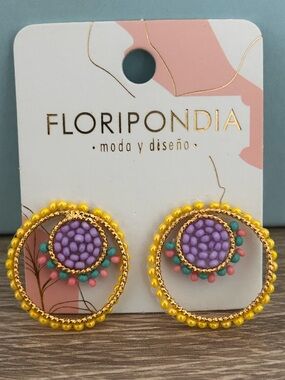 Purple & Yellow Beaded Hoop Earrings by Floripondia* Made in Colombia 🇨🇴